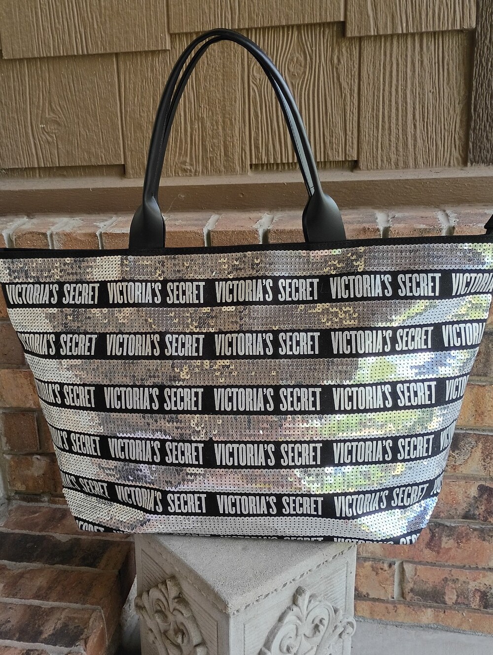 Victoria's Secret Black Cotton And Silver Sequin Logo Print 2018 Oversized Bag